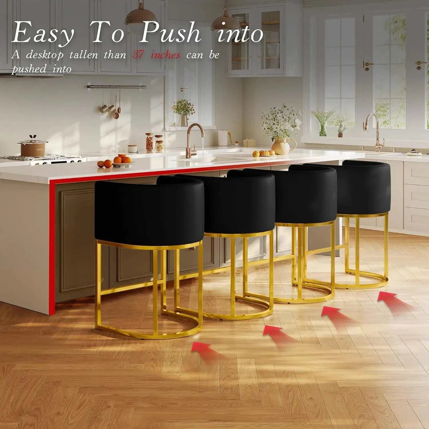 Black stools with gold legs in a kitchen setting
