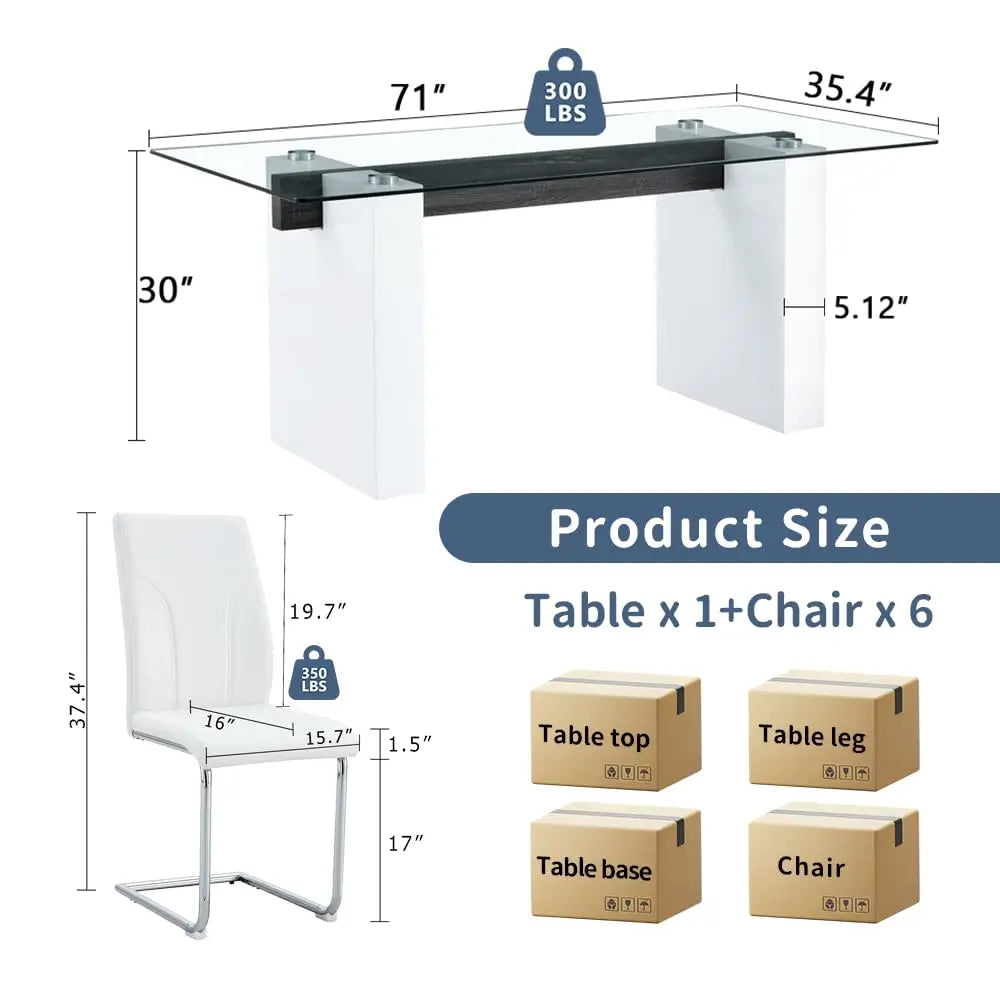 71" Glass Dining Table Set for 6 | Modern PU Leather Chairs | Multiple Color Options