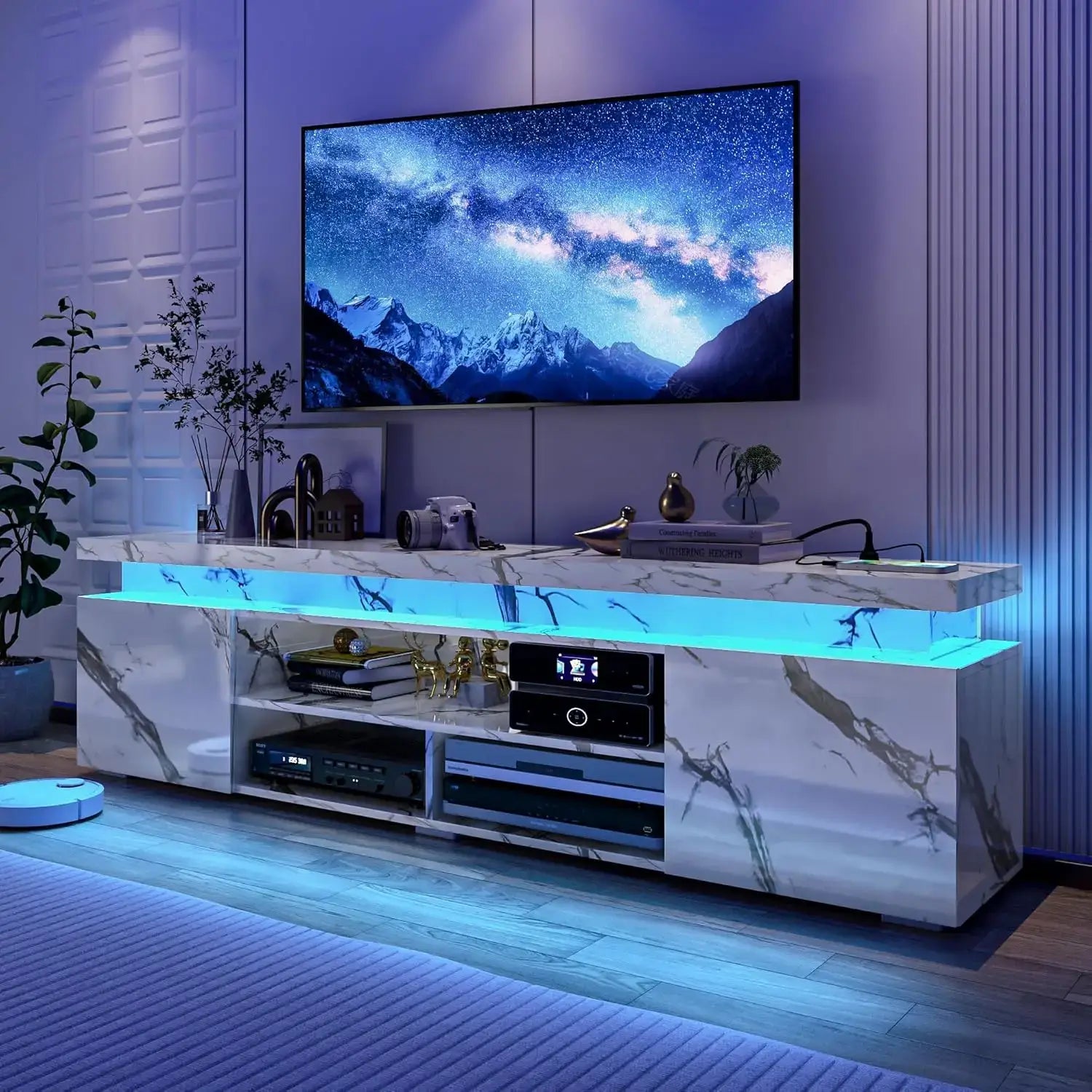 LED TV Stand for 85 Inch TV, Modern TV Stand with Power Outlet, High Gloss TV Console Entertainment Center with, Customized.