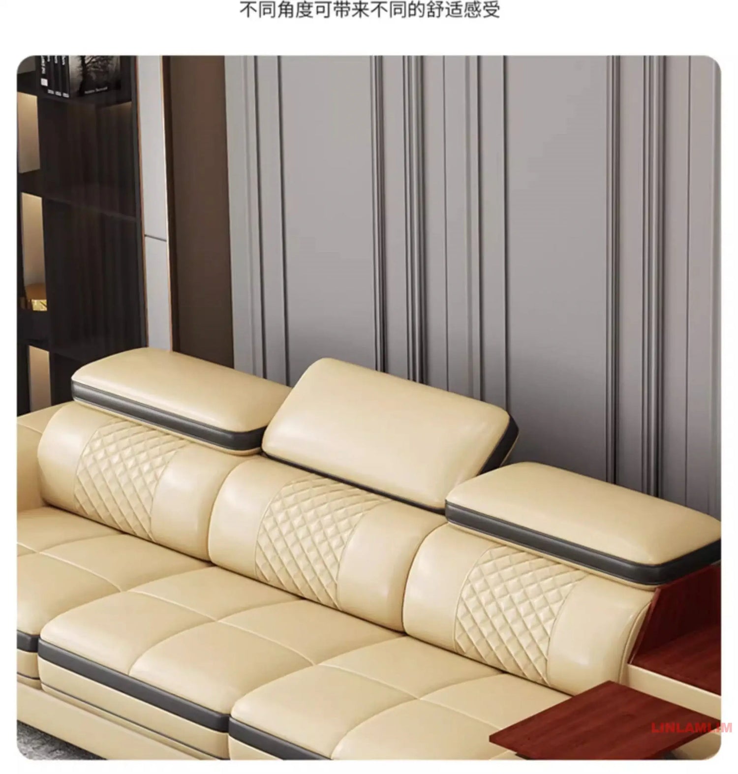 luxury leather sectional sofa with massage chaise, featuring elegant padding and modern design accents.