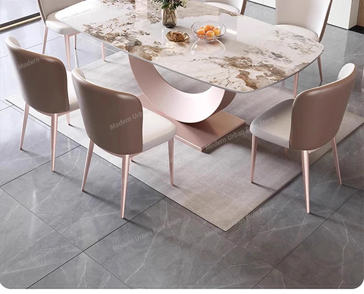 Luxury Nordic dining set featuring a modern marble tabletop and elegant chairs in a stylish dining room.