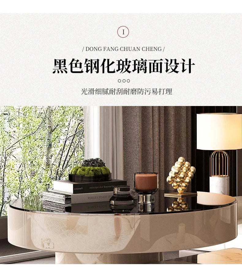 Modern round table with black glass top in a stylish room setting