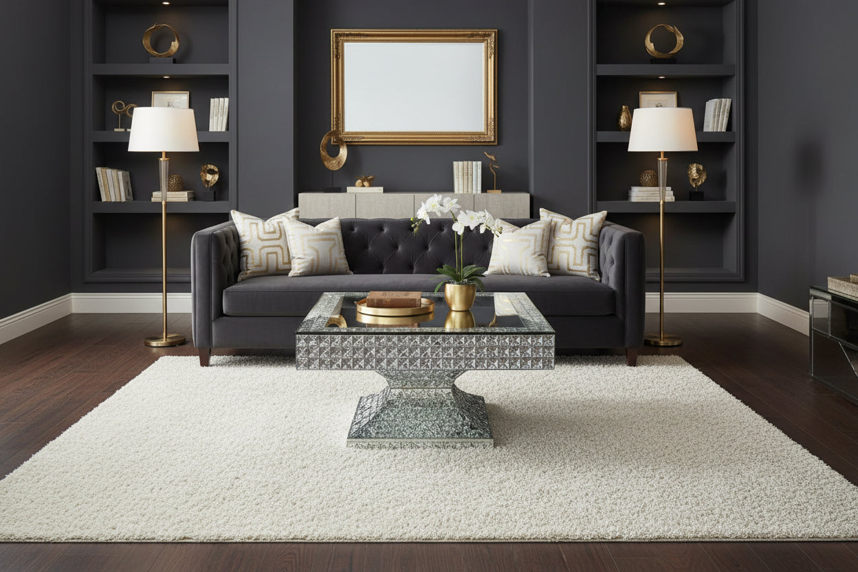 A square pedestal table with mirrored glass panels in a fully decorated  living room with a white rug and gold decor on the table