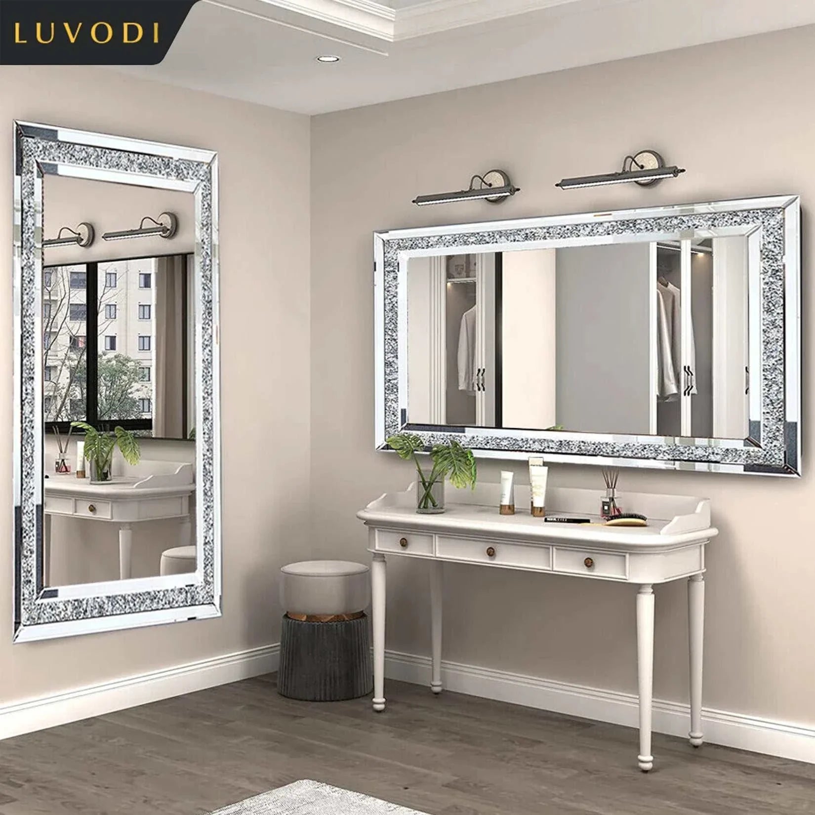 Large silver frameless mirror with crystal rhinestone and diamond border in elegant modern room