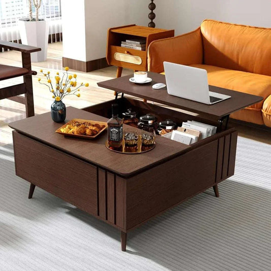 Mid-century modern lift top coffee table with hidden storage and spacious shelf in living room setting