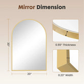 Architectural mirror with dimensions and thickness details on a beige background
