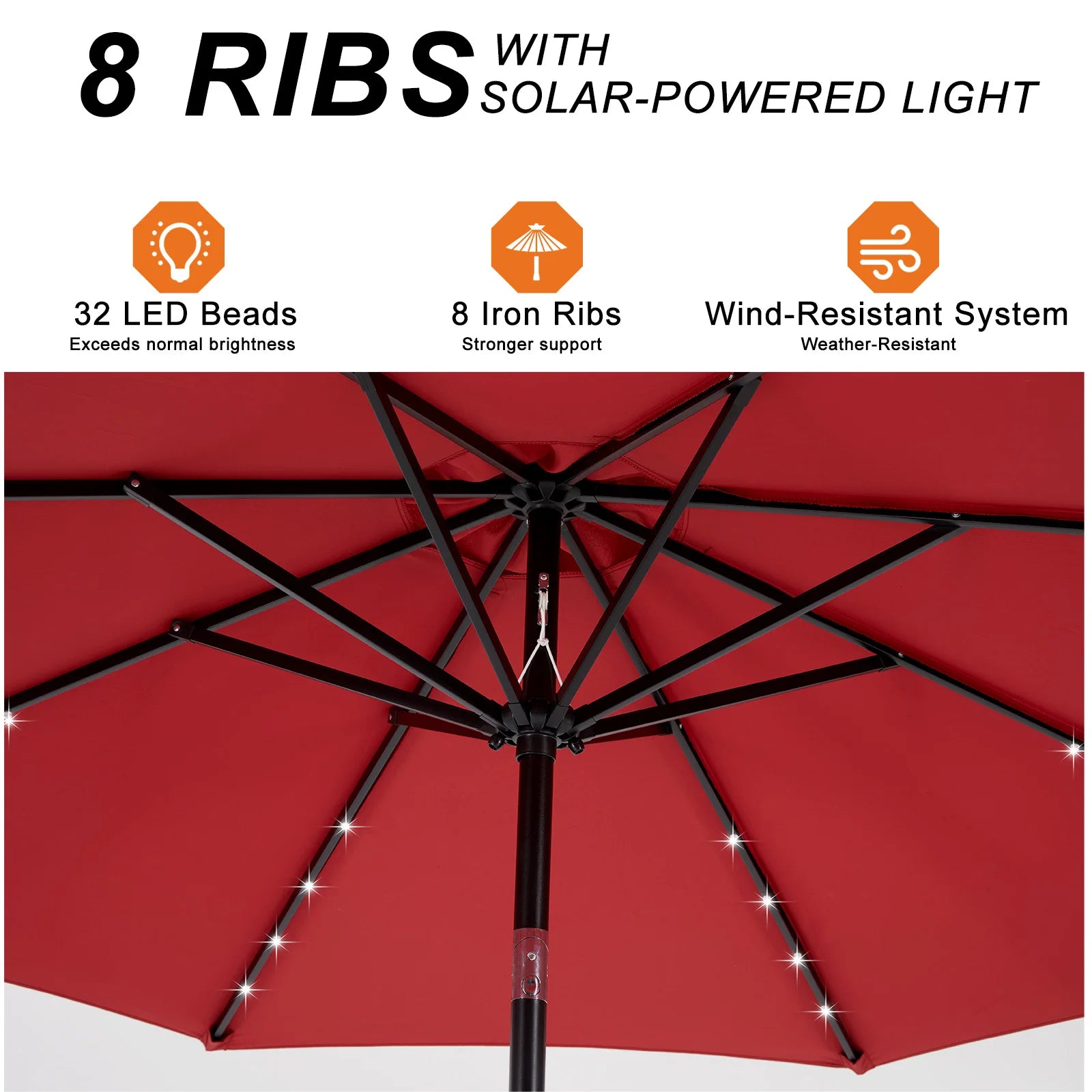 JHK 10FT Solar Patio Umbrella with 32 LED Lights UV-Resistant Outdoor Table Umbrella with Tilt and Crank for Backyard Garden - view 12