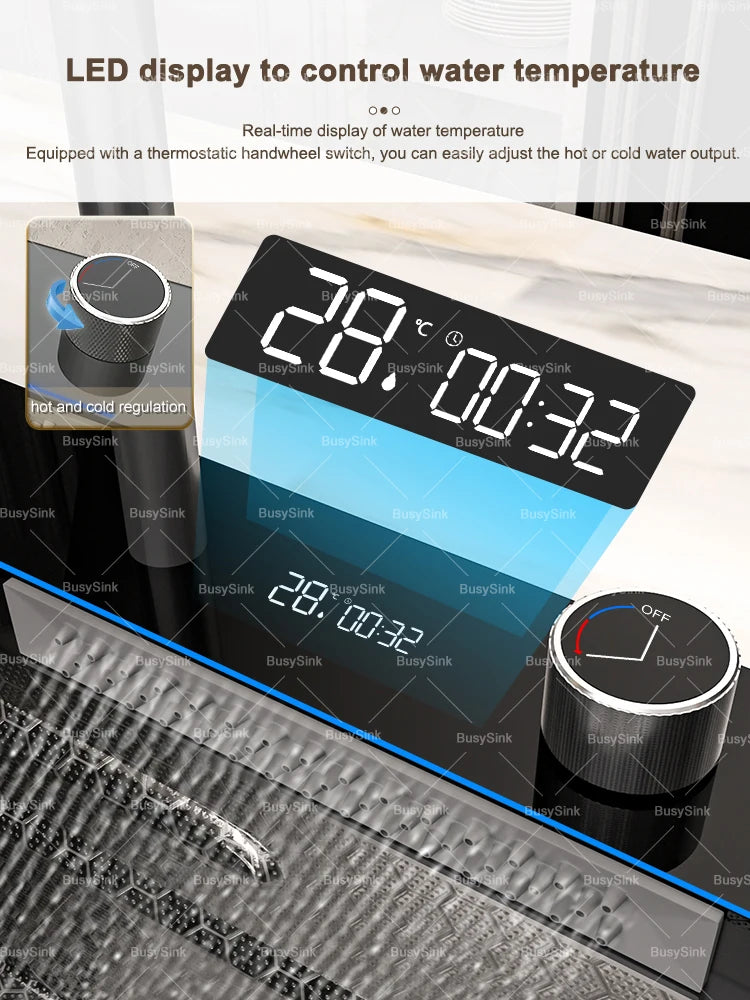 Stainless Steel Kitchen Sink with Waterfall. Digital Display Multifunctional