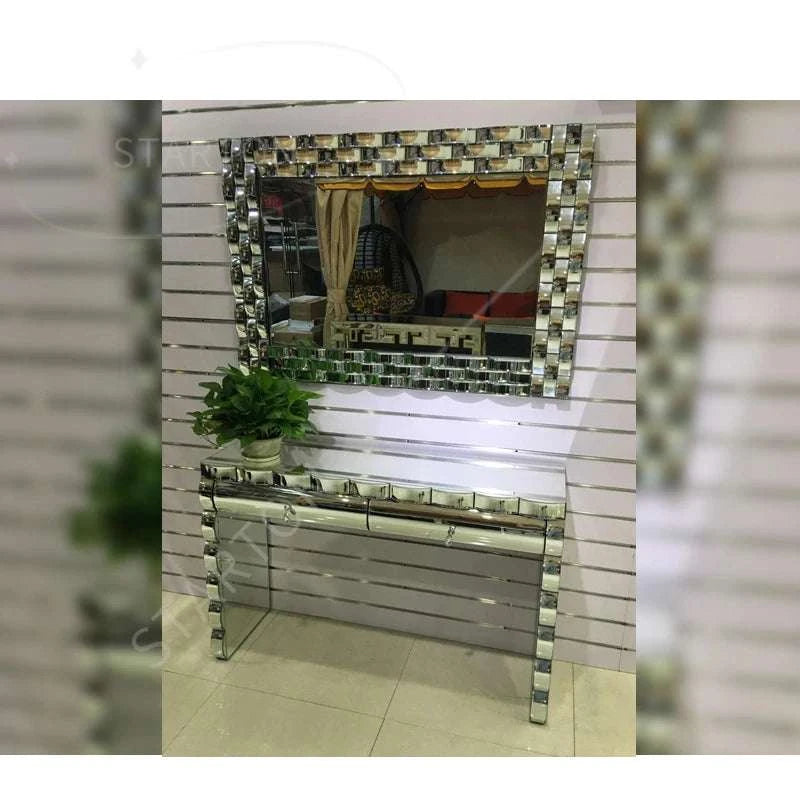 Decorative mirror with a reflective surface on a tiled wall.