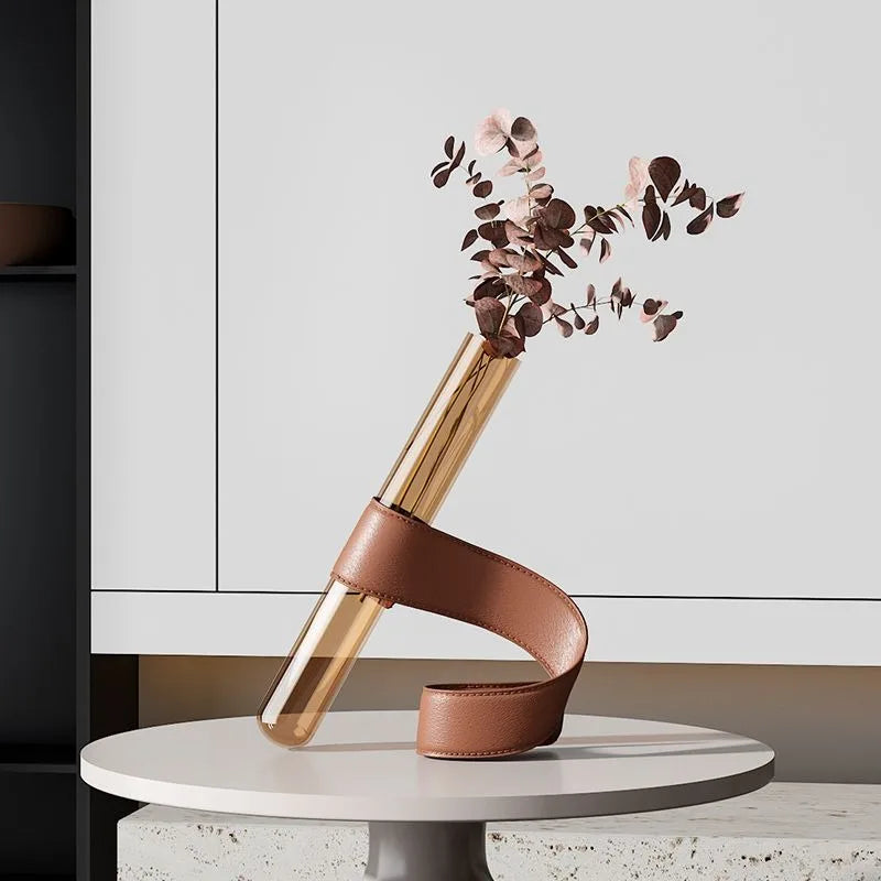 Tubular Glass Vase with Leather Bracket | Nordic Luxury Tabletop Accent