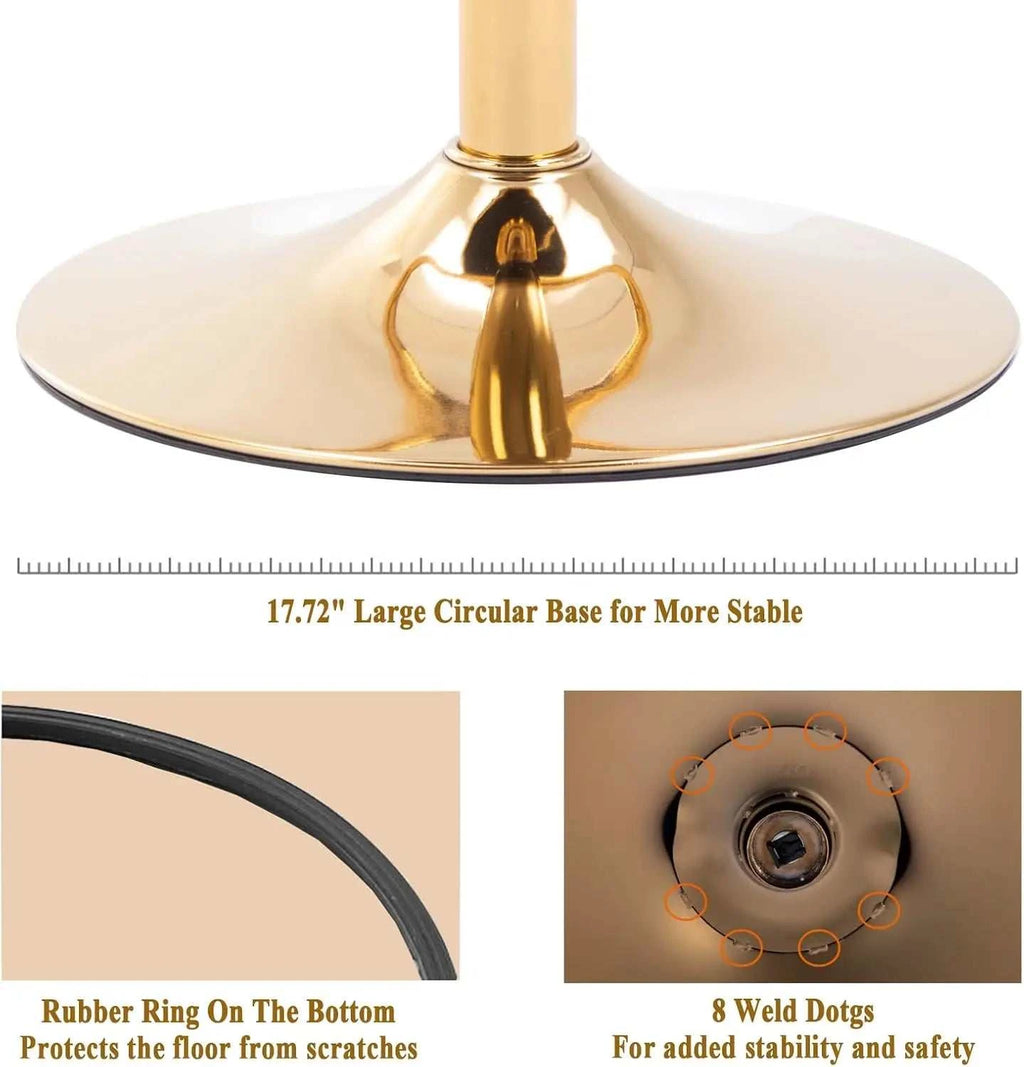 Gold chair base with features highlighted, including a large circular base, rubber ring, and weld dots.
