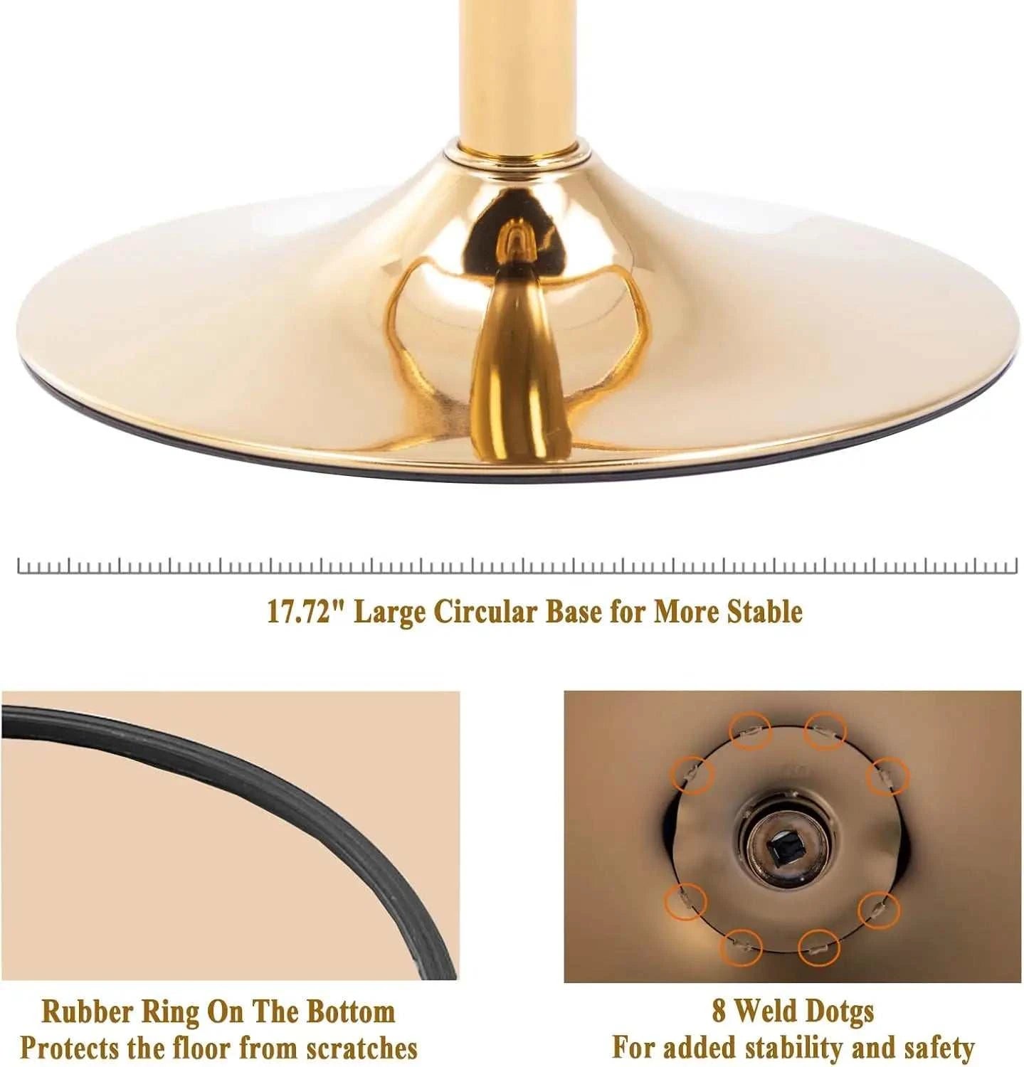 Gold chair base with features highlighted, including a large circular base, rubber ring, and weld dots.