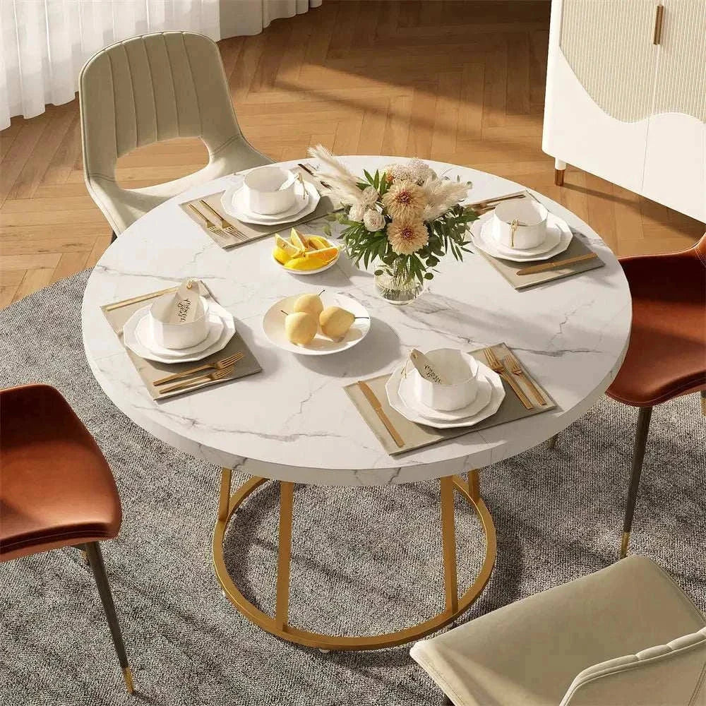 Round dining table with 47.24-inch wooden marble pattern top and gold base, seating four people