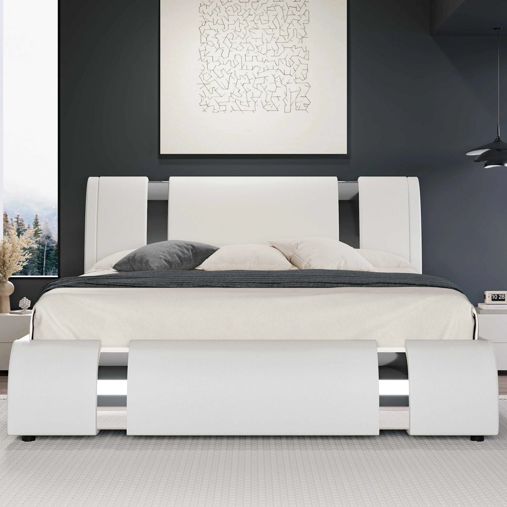 White bed with storage drawers in a modern bedroom setting