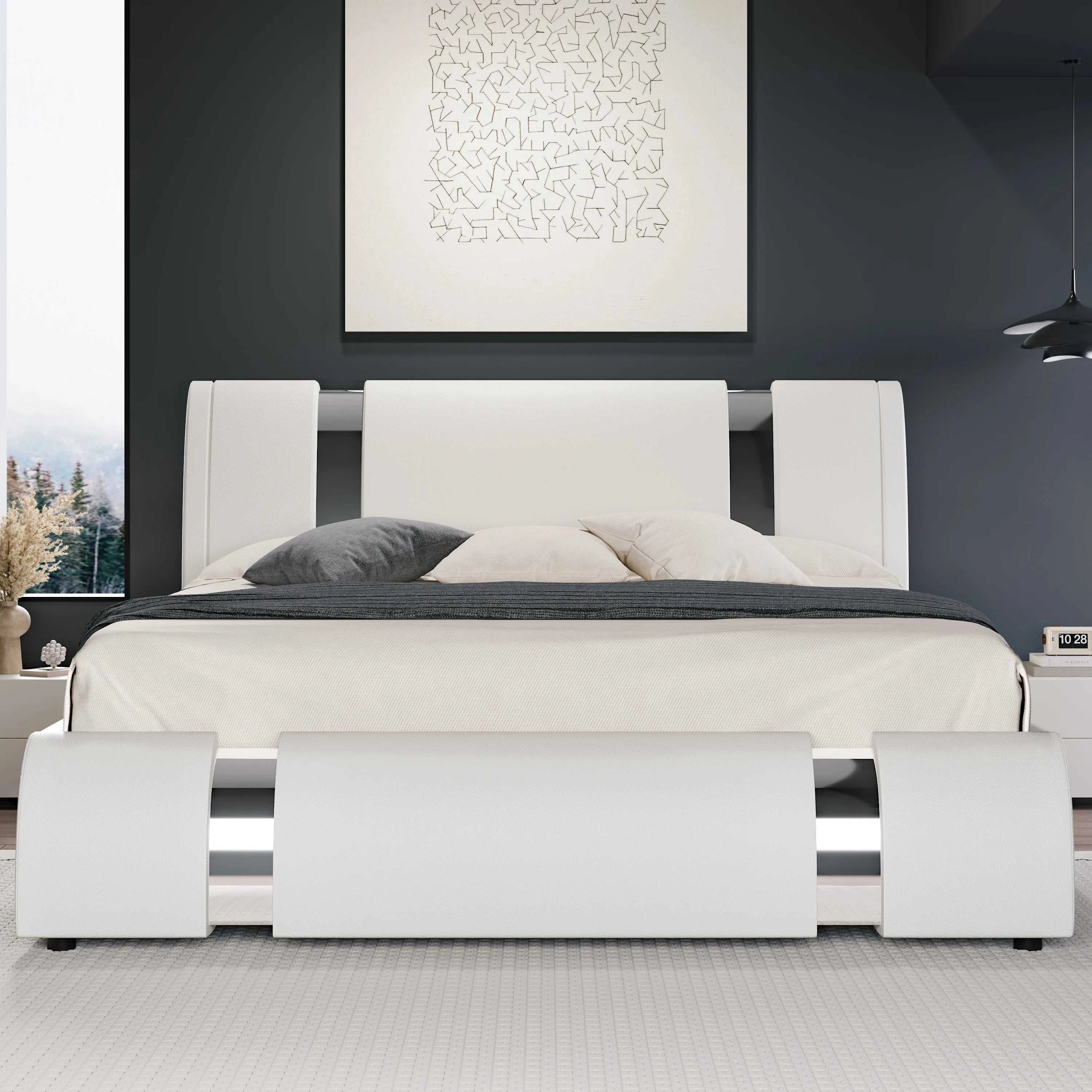 White bed with storage drawers in a modern bedroom setting