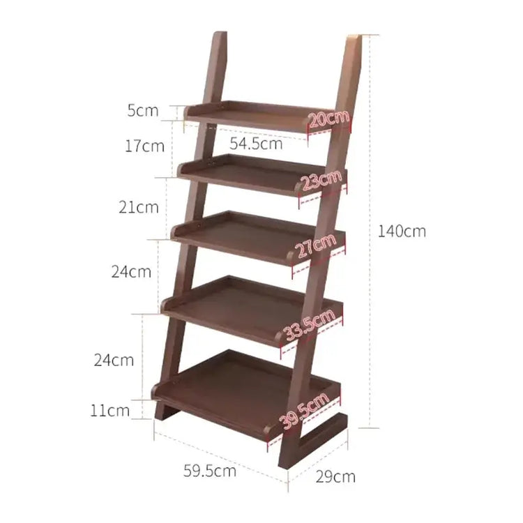Wooden ladder shelf with dimensions labeled on a white background