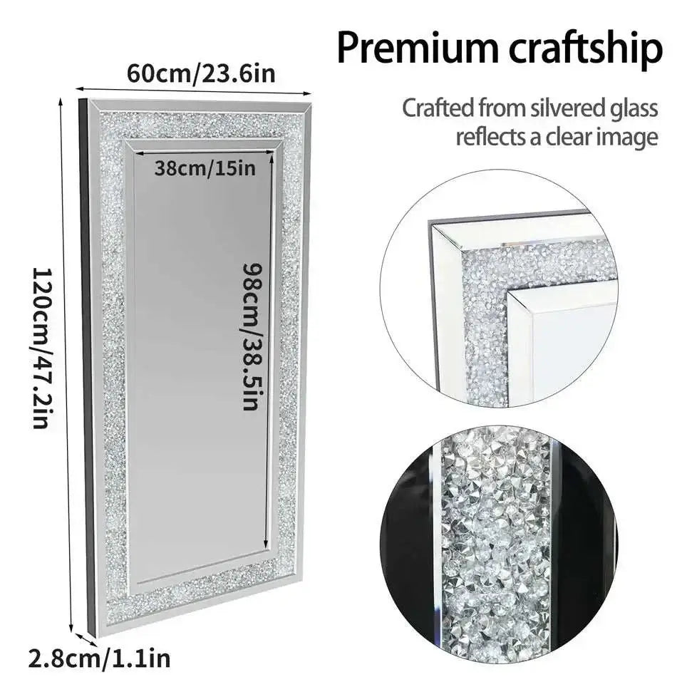 Large silver frameless mirror with sparkling crystal rhinestone border and diamond accents for glamorous interior decor