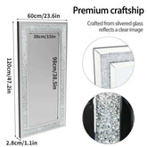 Large silver frameless mirror with sparkling crystal rhinestone border and diamond accents for glamorous interior decor