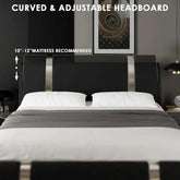 Modern faux leather platform bed frame featuring a curved and adjustable headboard with a stylish, elegant design.