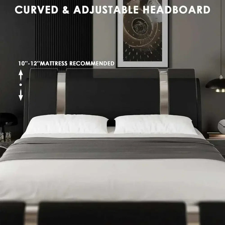 Modern faux leather platform bed frame featuring a curved and adjustable headboard with a stylish, elegant design.