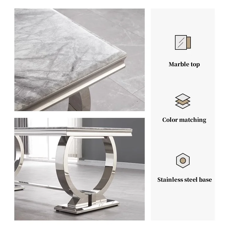 Luxury marble dining table set with a marble top and stainless steel base, showcasing elegant design and color matching.