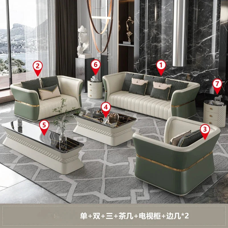 Modern living room setup with green and beige furniture in a stylish interior.