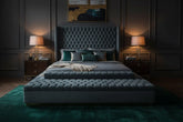 modern upholstered king size bed with tufted velvet headboard and stylish bedroom decor