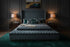 modern upholstered king size bed with tufted velvet headboard and stylish bedroom decor