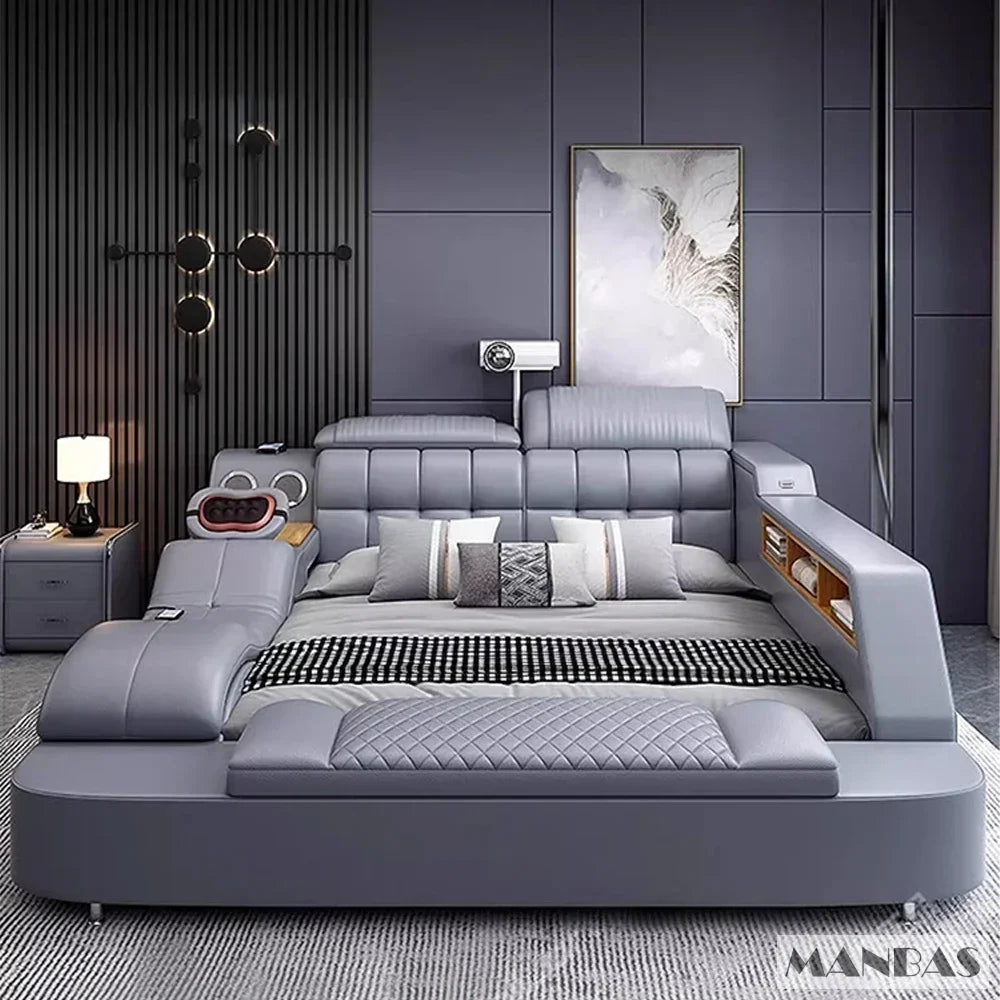 Modern bedroom with a gray upholstered bed and decorative pillows.