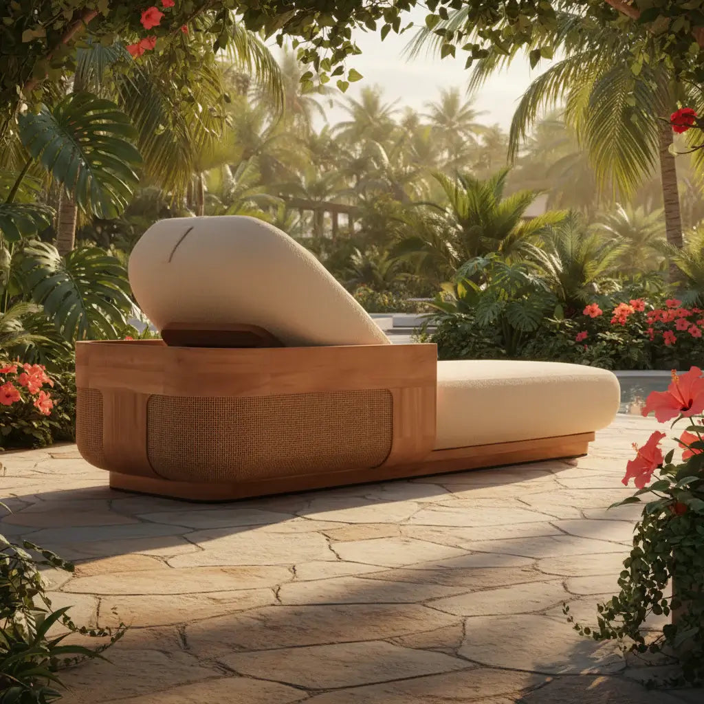 Solid Teak Wood Outdoor Sun Lounger Chaise in a tropical garden setting, perfect for relaxing outdoors.