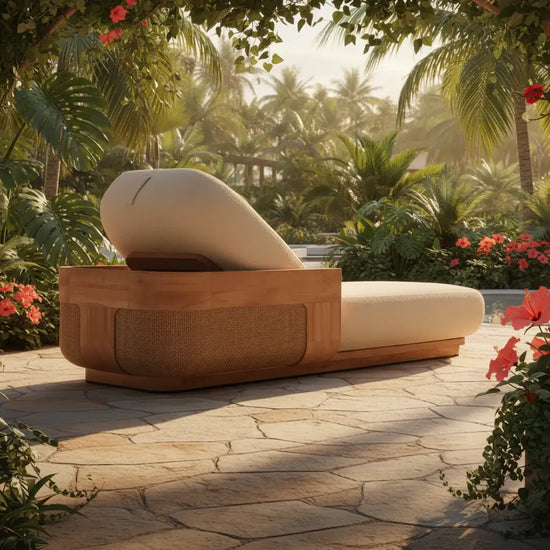 Solid Teak Wood Outdoor Sun Lounger Chaise in a tropical garden setting, perfect for relaxing outdoors.