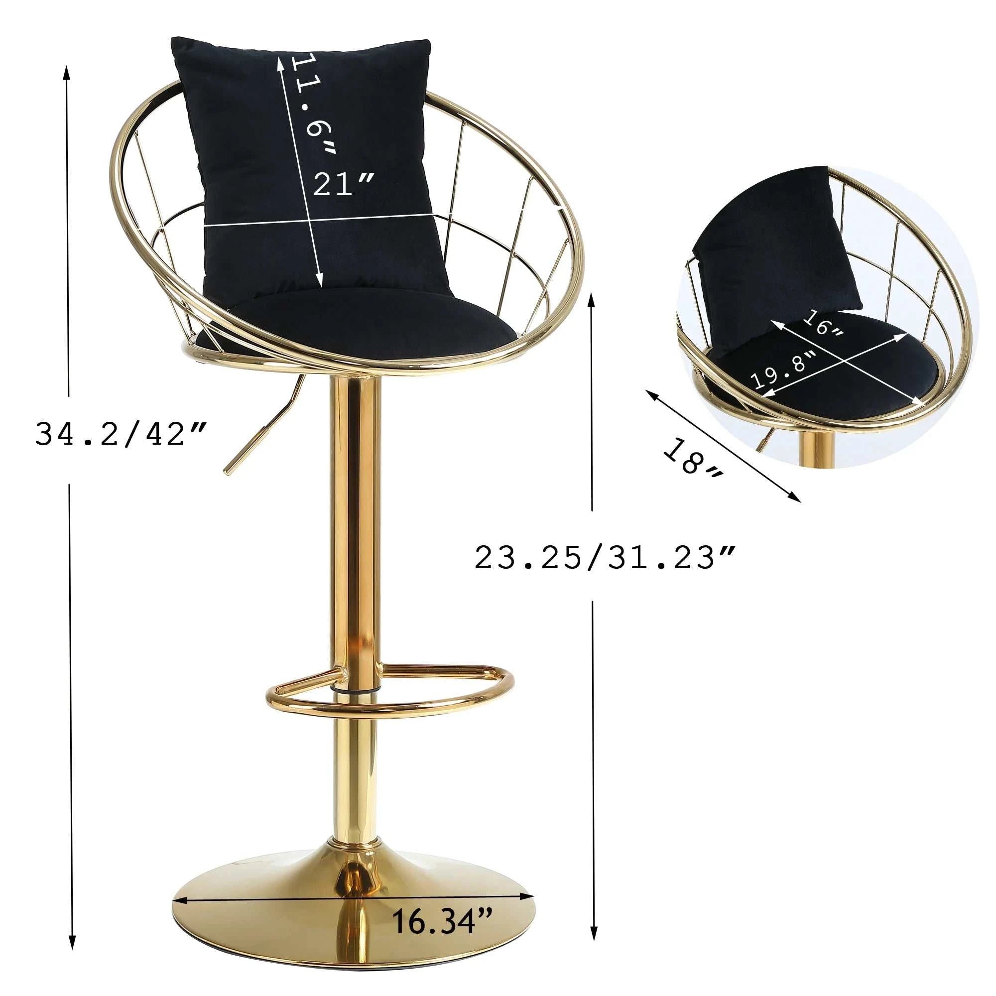 Gold bar stool with black cushion and measurements on a white background