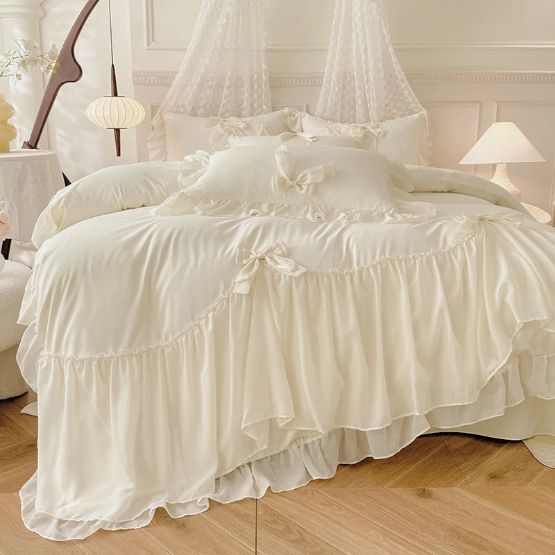 3pcs White Bedding Set Ruffles