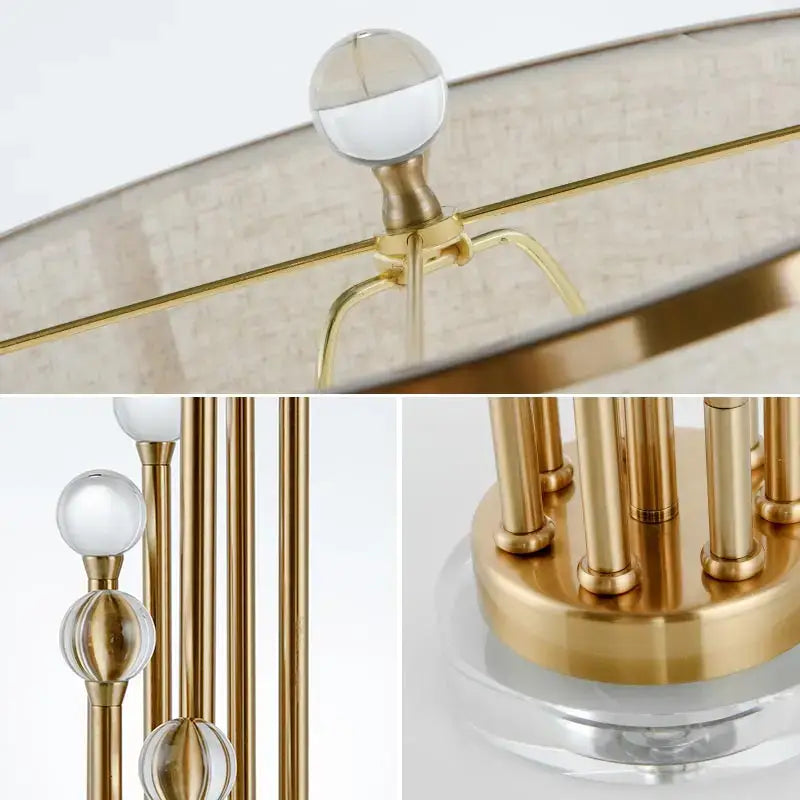 Close-up views of the Nordic LED crystal bedside lamp showcasing intricate details of the crystal and fabric design.