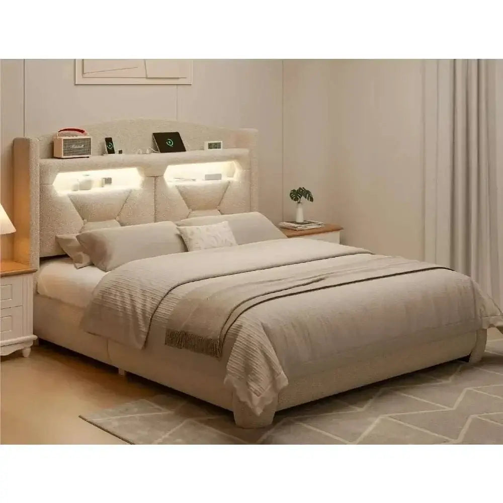 Boucle bed frame with storage headboard & LED lighting, upholstered in stylish beige décor.