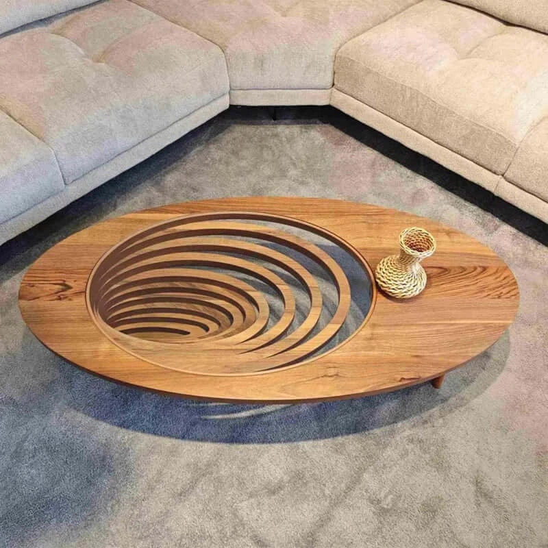 Wooden coffee table with spiral design in a living room setting