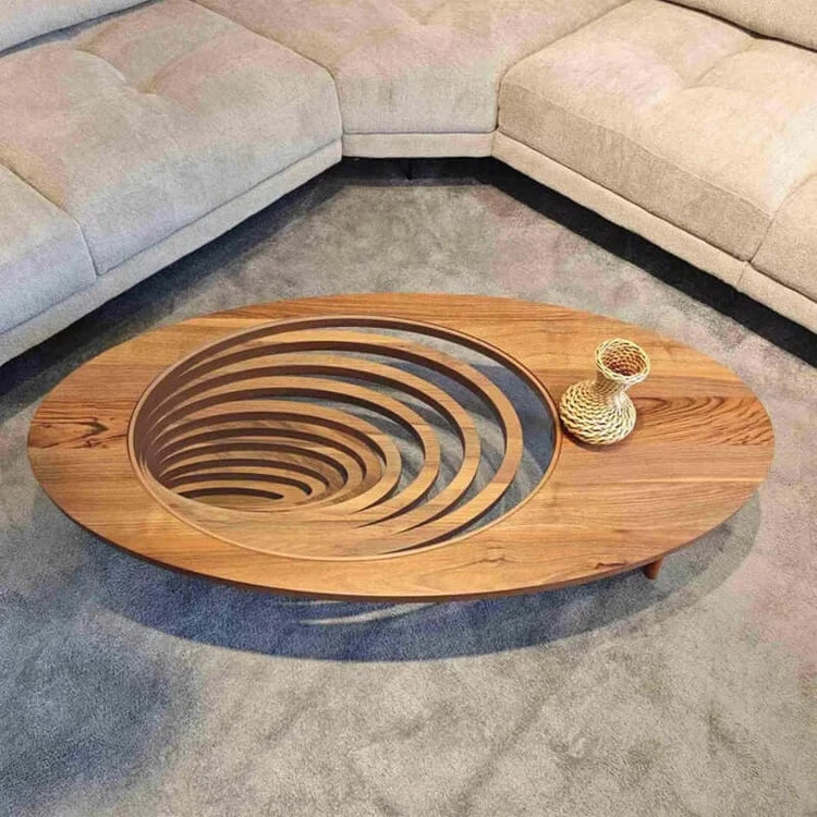 Wooden coffee table with spiral design in a living room setting