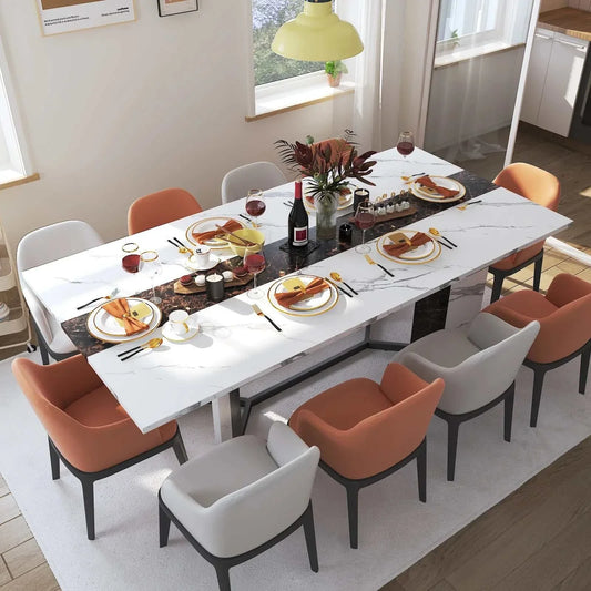 71-inch large rectangular white dining table with marble-colored wood top and metal legs, set with orange and white chairs in a modern dining room