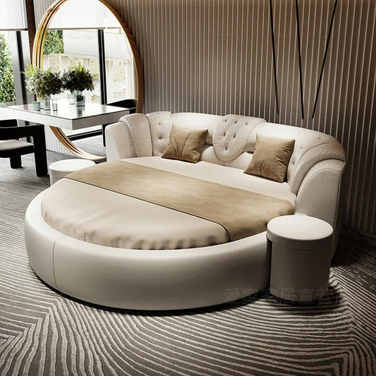 Modern circular sofa in a stylish room with decor elements.
