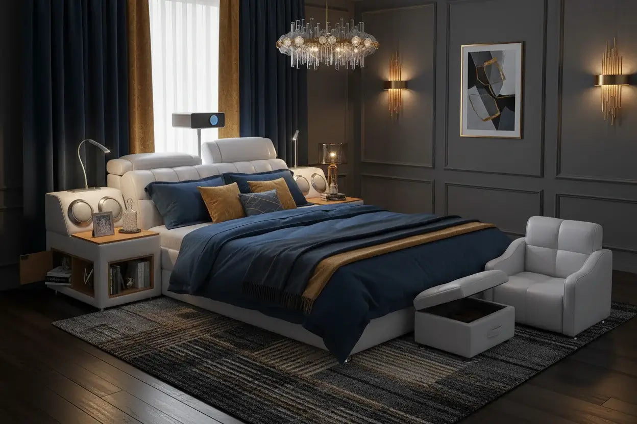 150x200CM Luxury King Size Genuine Leather Bed / Tech Smart Bed / Multifunctional Ultimate Beds / Massage Bed With USB,Projecter in modern bedroom.