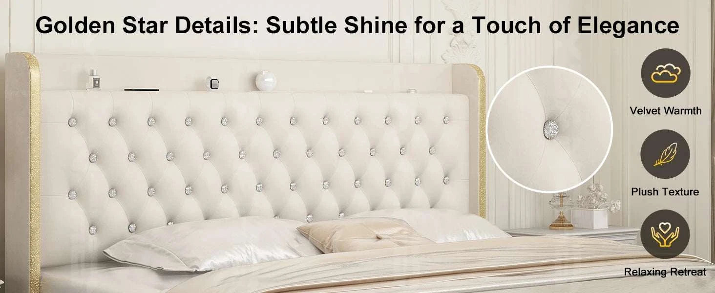 Bed with tufted headboard featuring golden star details, emphasizing subtle shine and elegance.