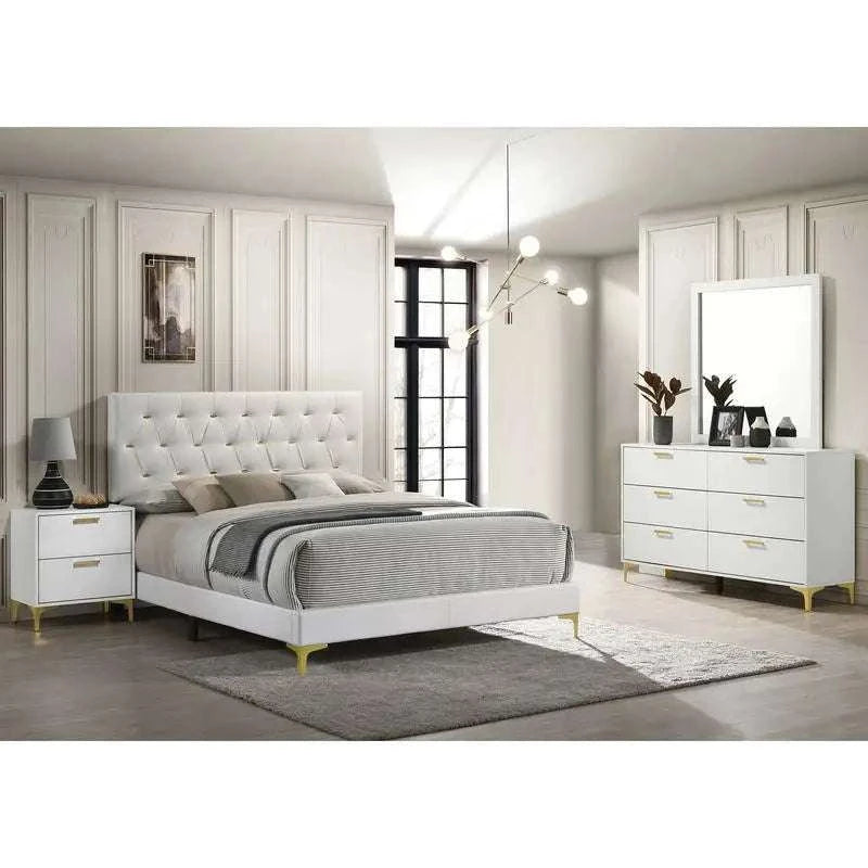 Modern white Queen 4-Piece Bedroom Set with bed, dresser, nightstand, and mirror in elegant, minimalist style