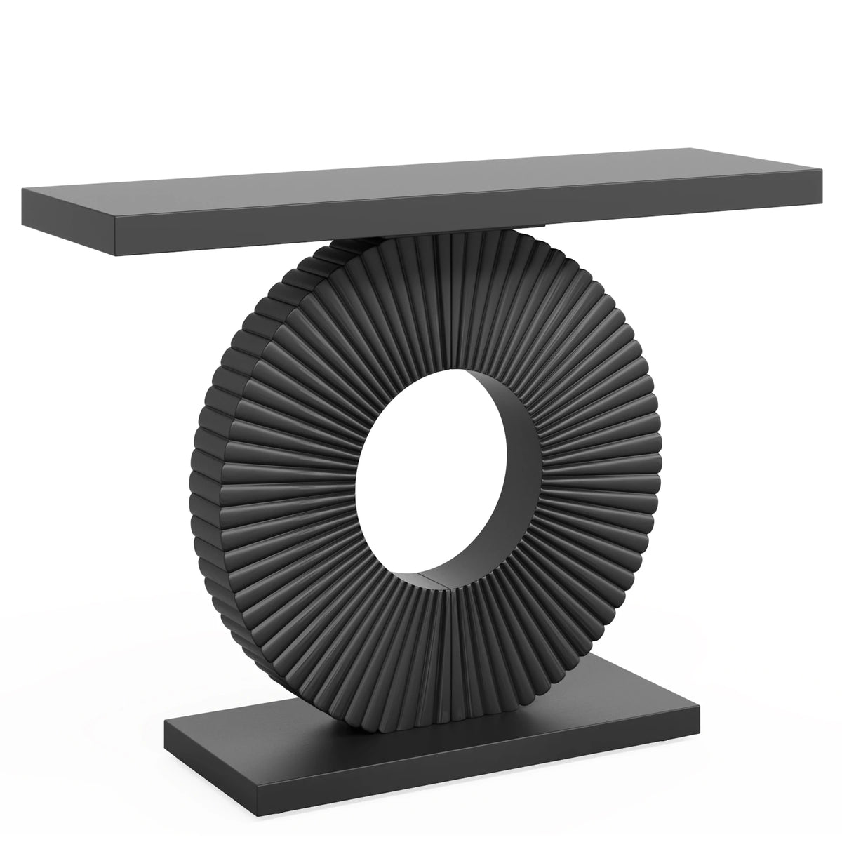 Black console table with unique circular design on a white background
