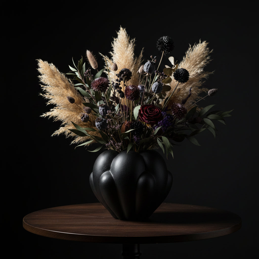 Black stress ball on a table with seasonal flowers with a dark background
