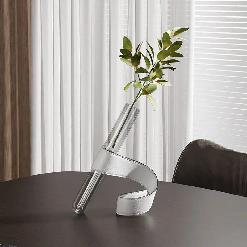 Tubular Glass Vase with Leather Bracket | Nordic Luxury Tabletop Accent