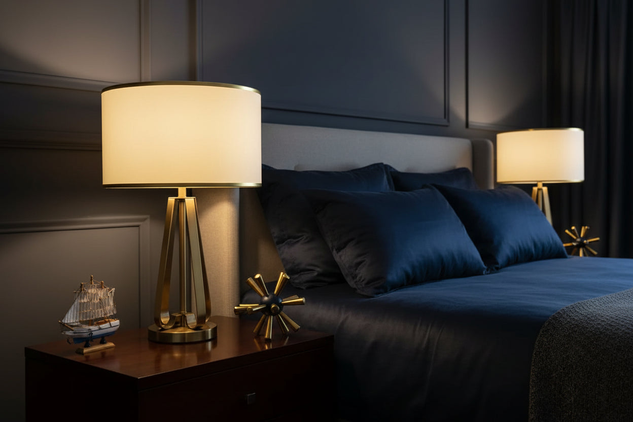 Nordic LED crystal bedside lamp with fabric lampshade in a modern bedroom setting.