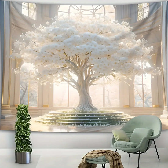 Large Romantic White Tree of Life Tapestry Anti Wrinkle and Fade Resistant Wall Hanging For Dormitory Elegant Home Decor