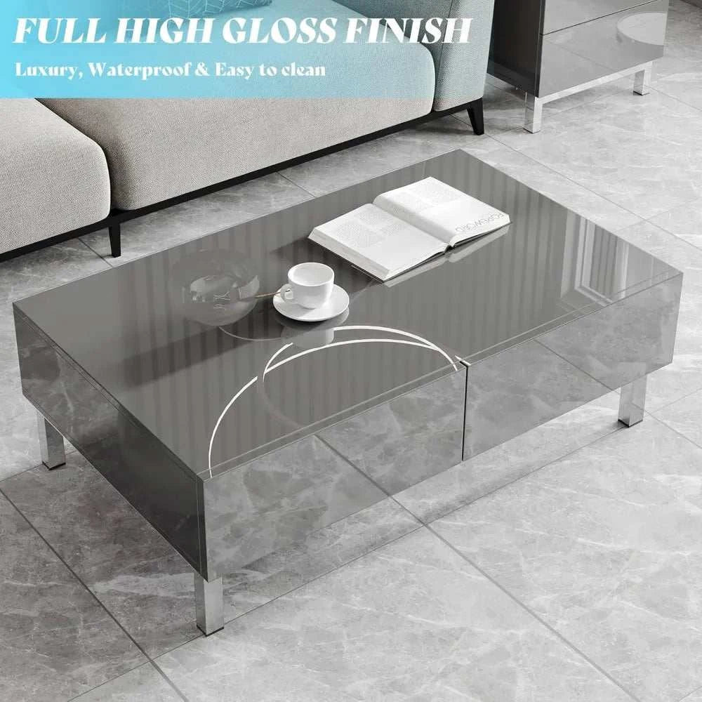 Coffee table with high gloss finish in a living room setting