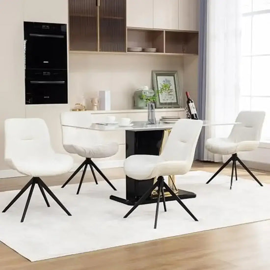 Set of 4 white swivel dining chairs set around a modern glass dining table in a stylish dining space.