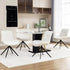 Set of 4 white swivel dining chairs set around a modern glass dining table in a stylish dining space.